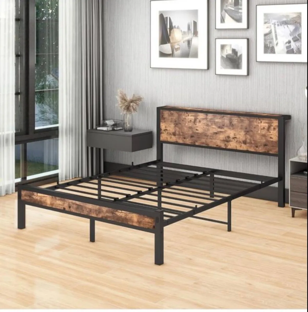 King Size Bed Frame with Storage Wooden Headboard - Image 3
