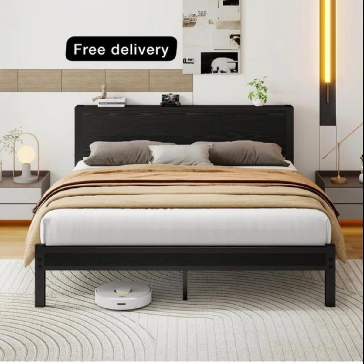 King Size Bed Frame with Storage Wooden Headboard - Image 1