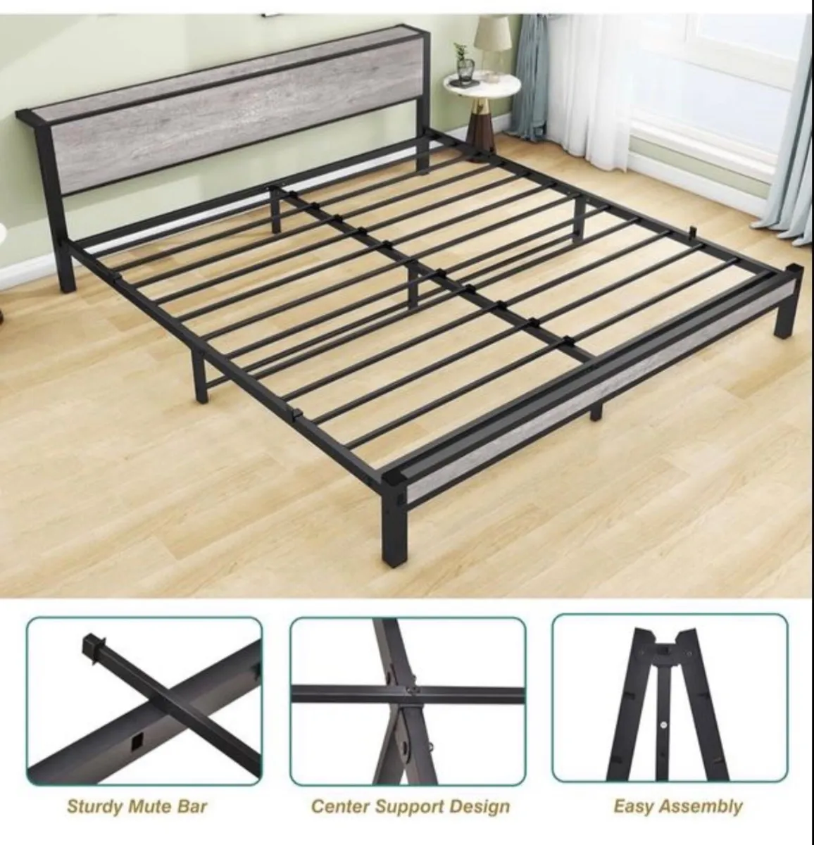 King Size Bed Frame with Storage Wooden Headboard - Image 3