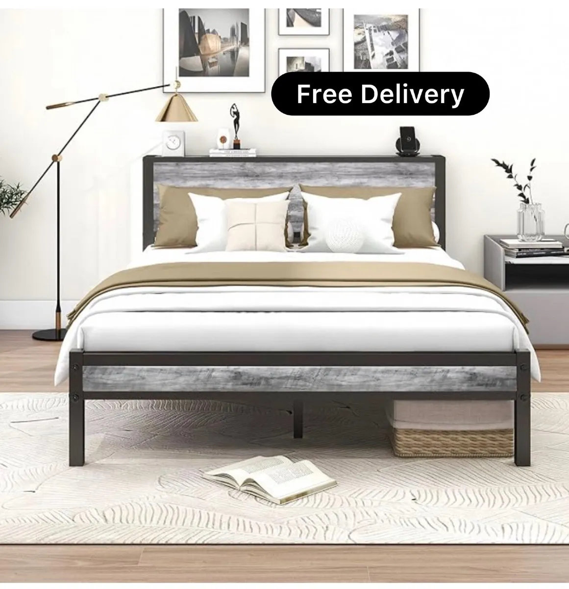 King Size Bed Frame with Storage Wooden Headboard - Image 1