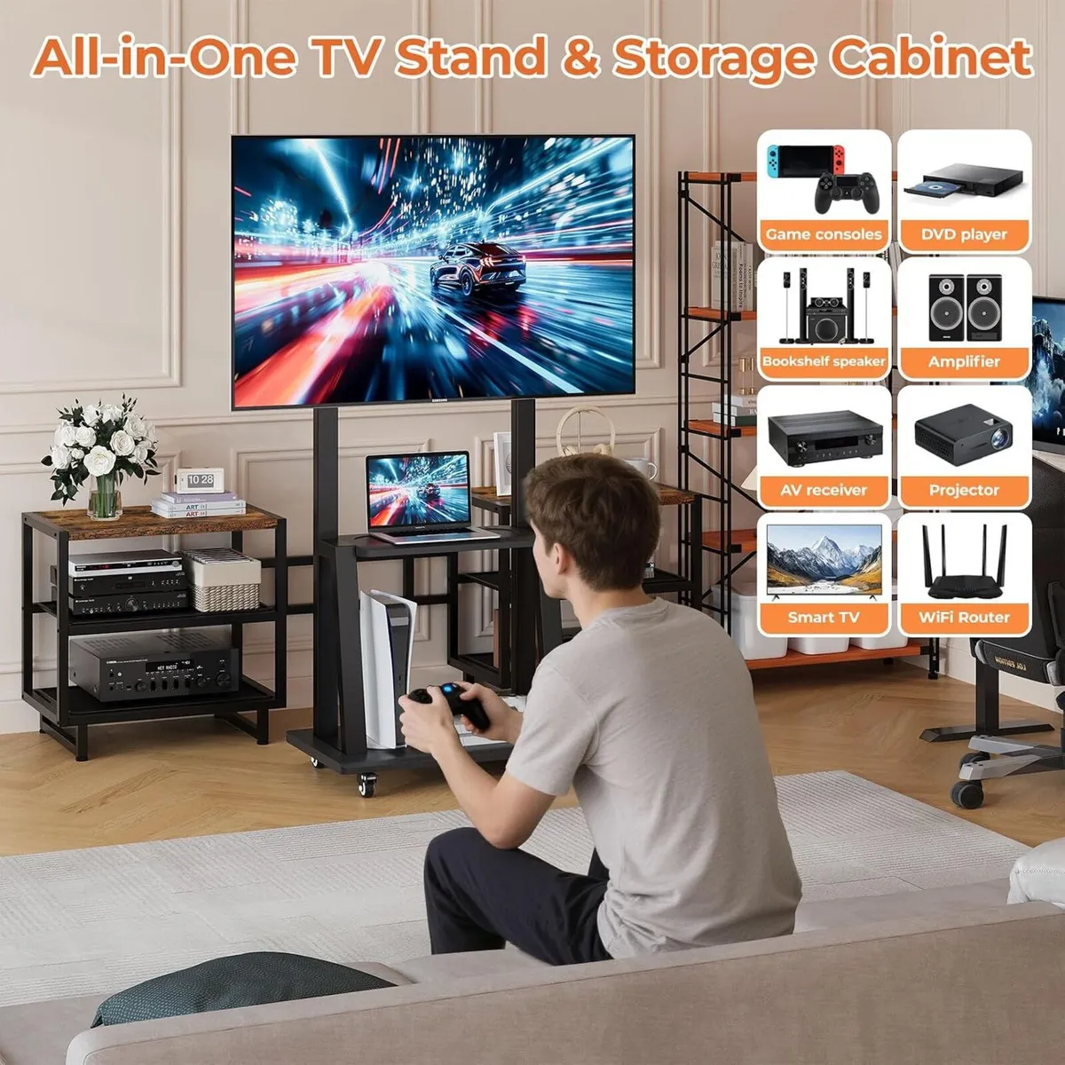 TV Stand on Wheels with 2 Side Table - Image 4