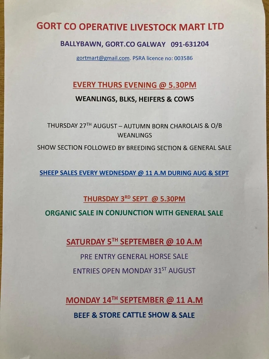 Gort Mart: 27th August: Entries - Image 1