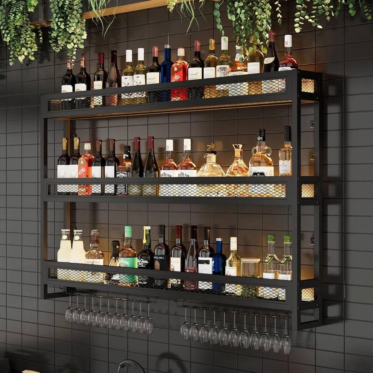 Wall Mounted Bar Shelves with LED Lighting Metal - Image 3