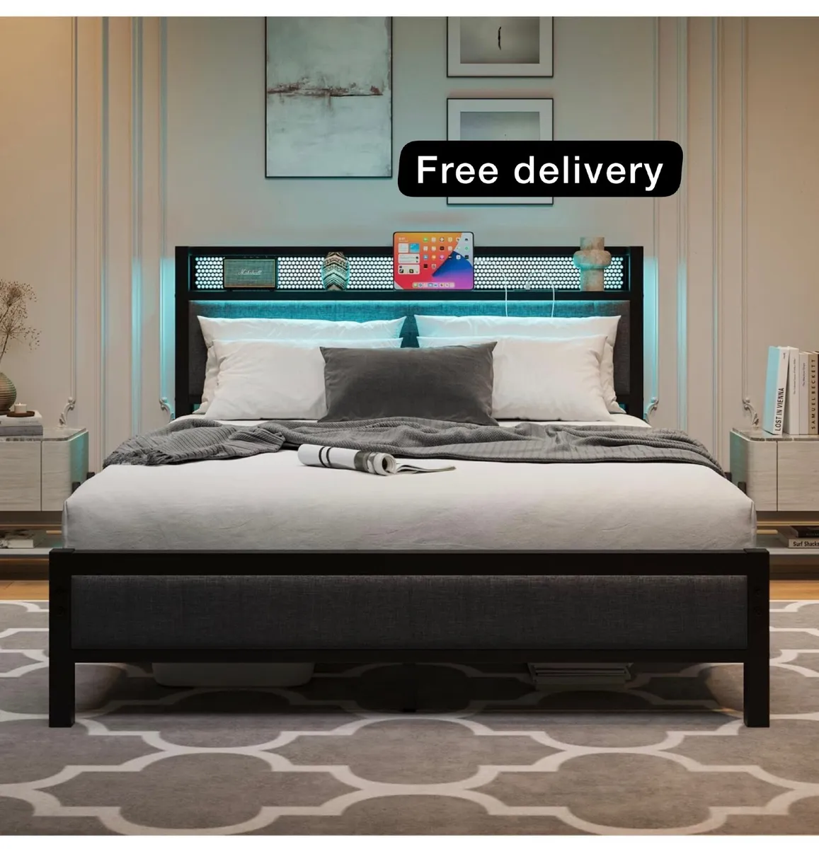 5ft King Size Bed Frame with Storage Headboard She - Image 1