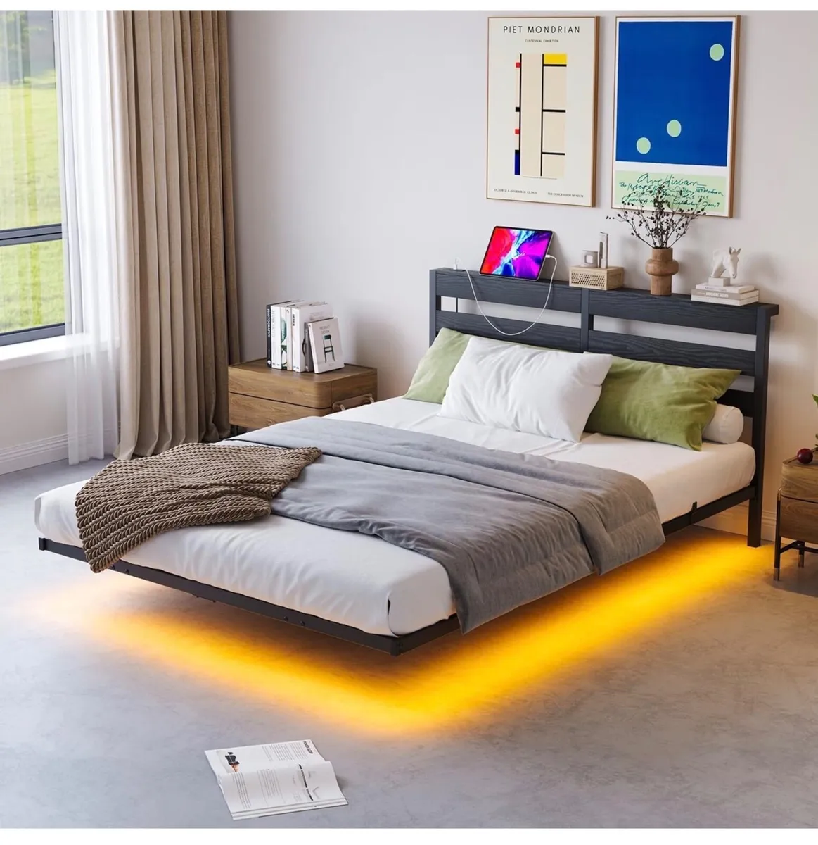 King Floating Metal Bed Frame with LED Lights & Ch - Image 2