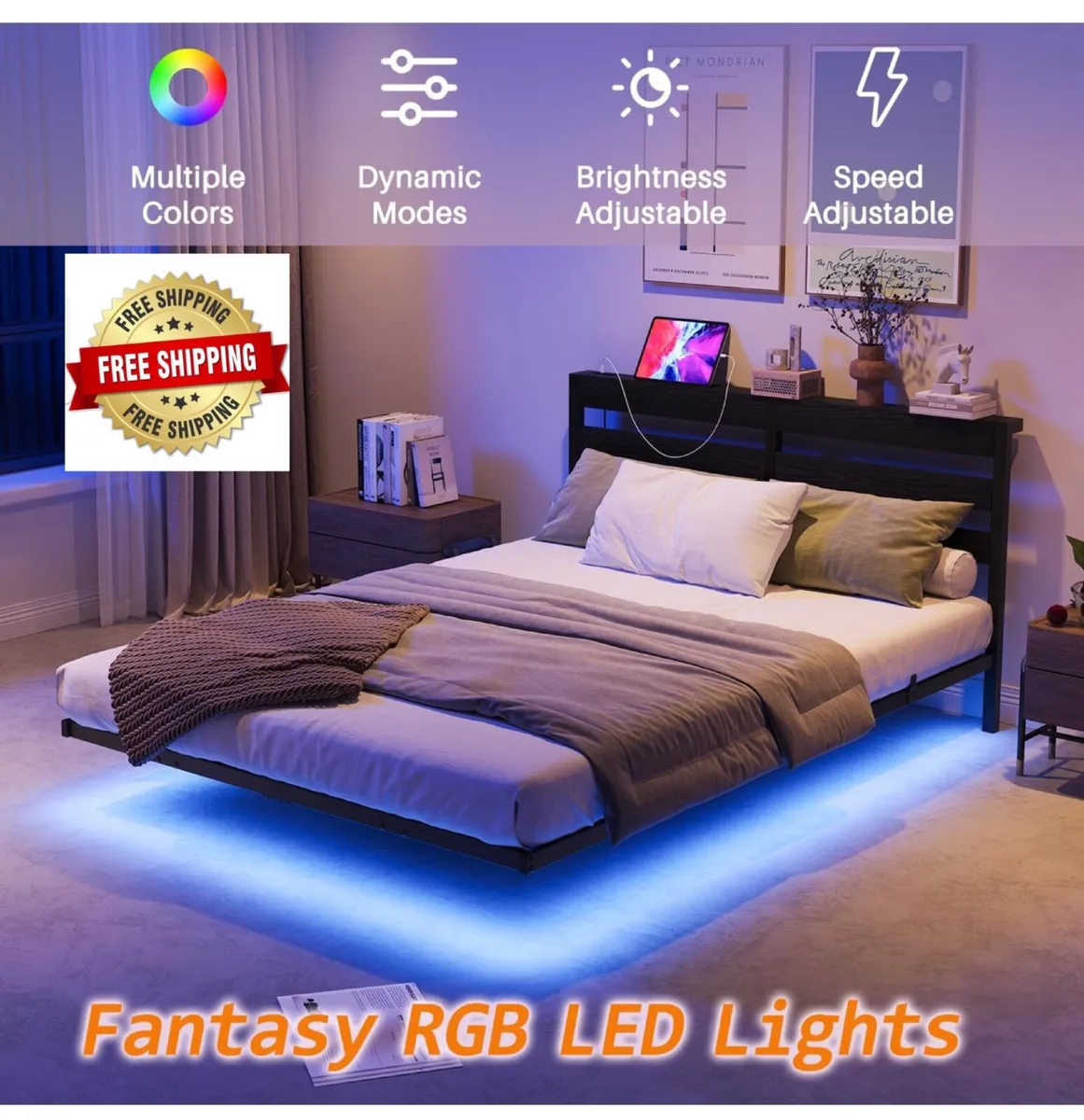 King Floating Metal Bed Frame with LED Lights & Ch - Image 1