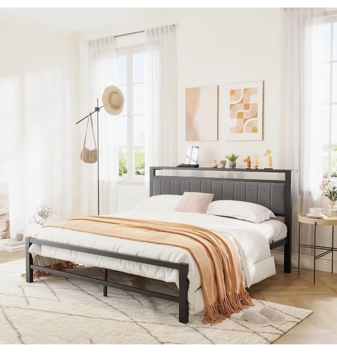 King Size Bed Frame with Storage Headboard, Metal - Image 3
