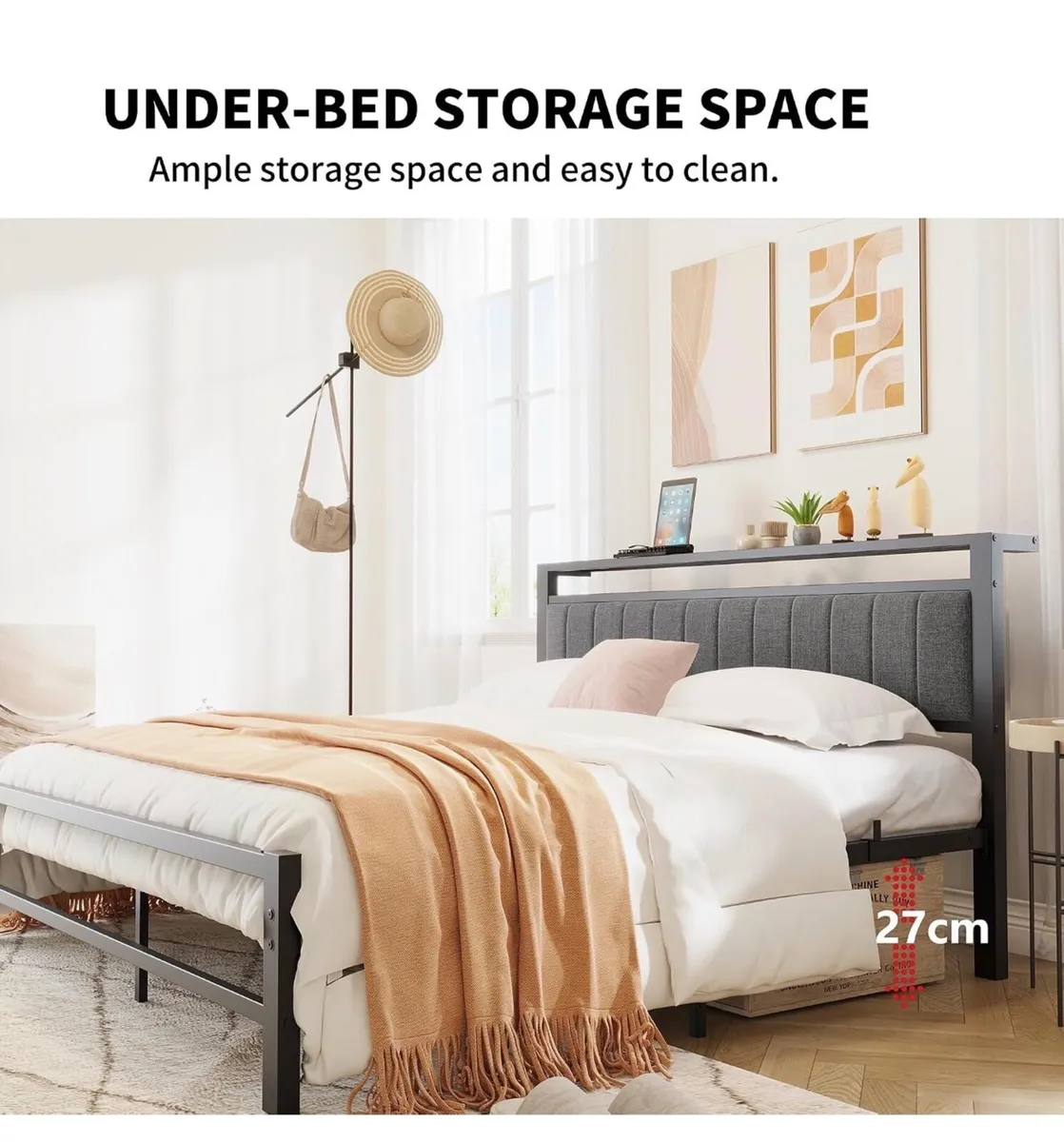 King Size Bed Frame with Storage Headboard, Metal - Image 2