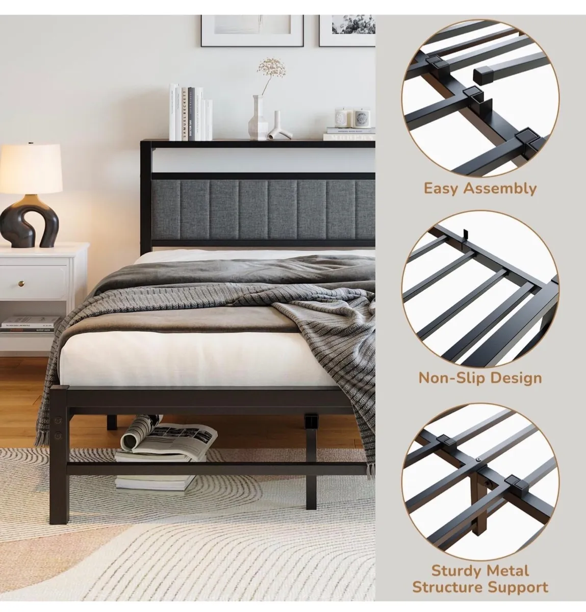King Size Bed Frame with Storage Headboard, Metal - Image 4