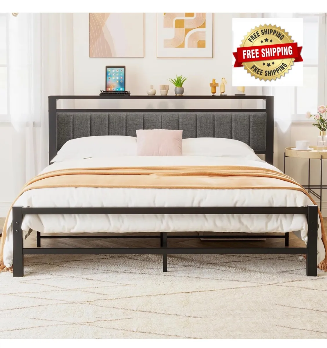 King Size Bed Frame with Storage Headboard, Metal - Image 1