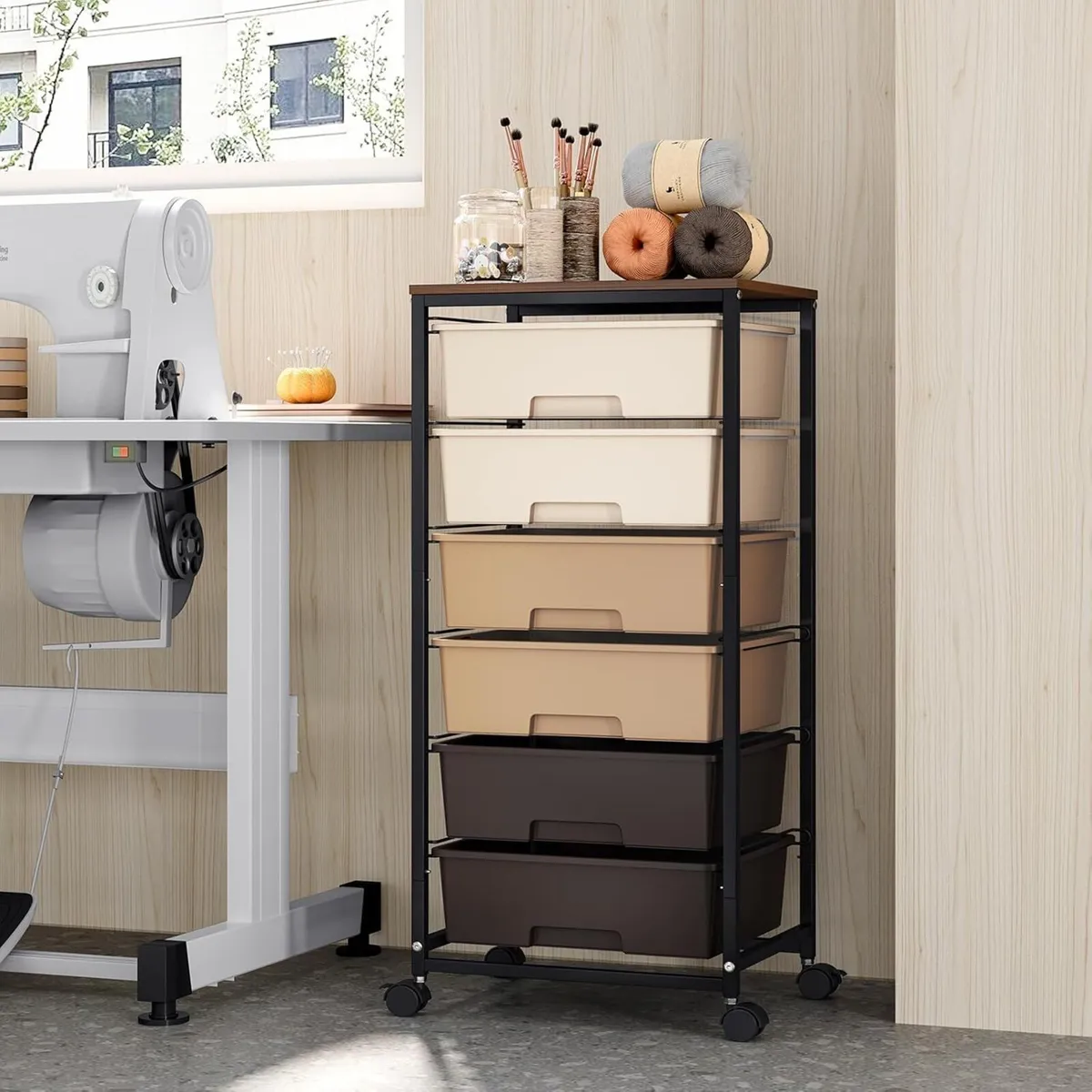 6-Drawer Craft Organiser Trolley Cart with Wooden - Image 2