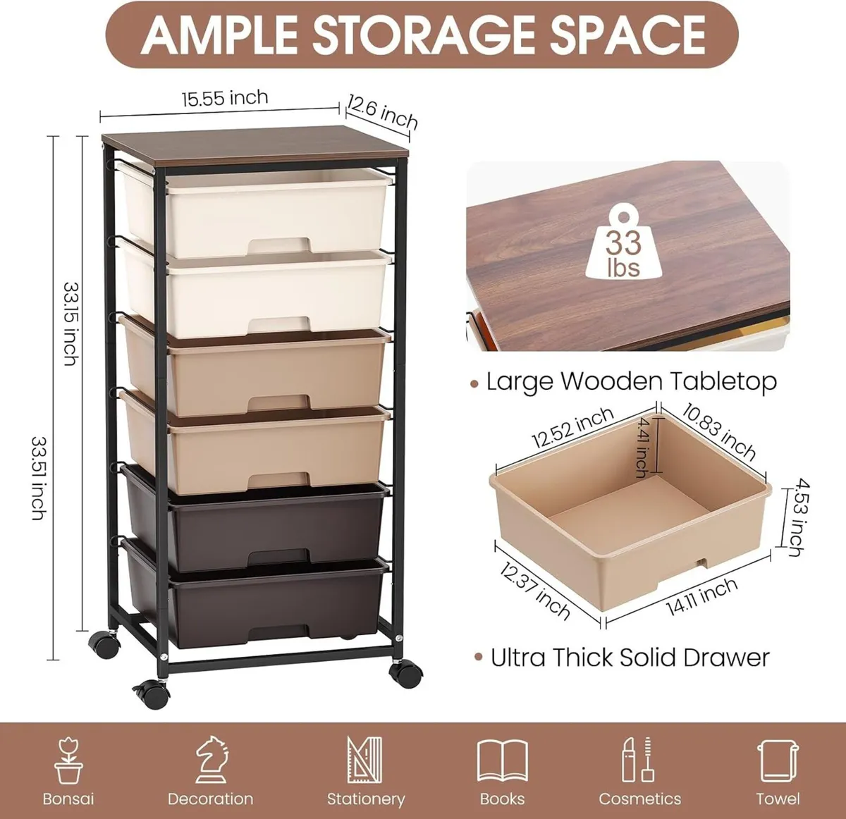 6-Drawer Craft Organiser Trolley Cart with Wooden - Image 3