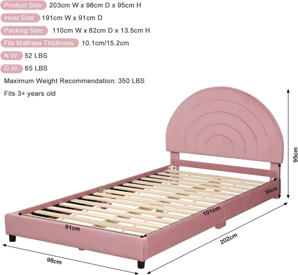 Velvet Wooden Kids Bed Children Frame - Image 2