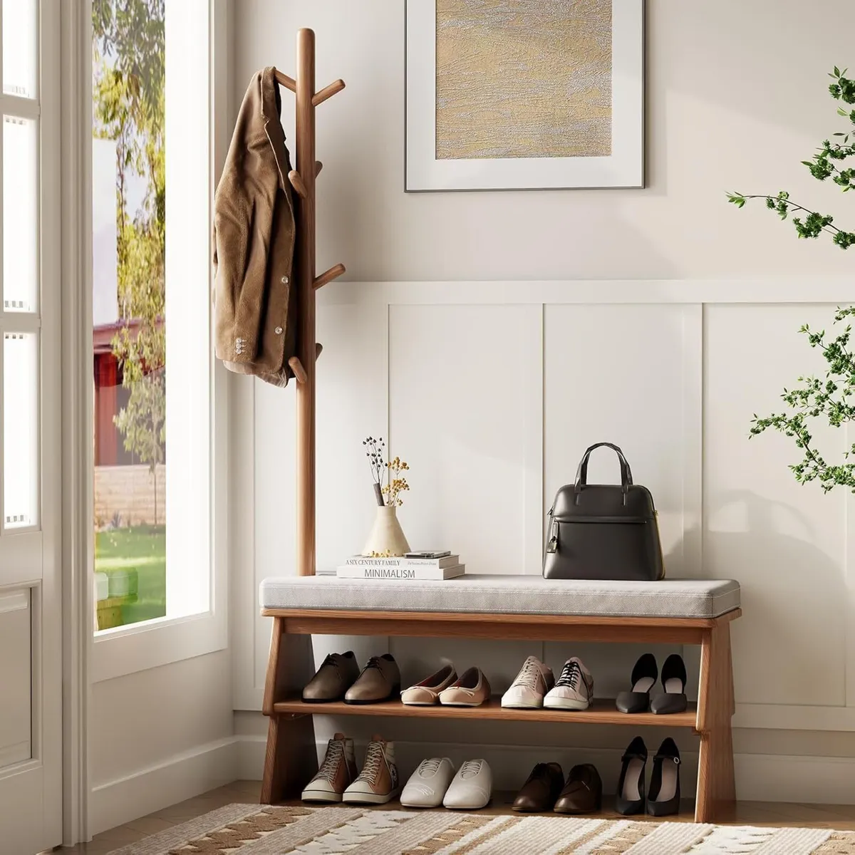 Solid Wood Coat Rack with Shoe Storage Bench - Image 1