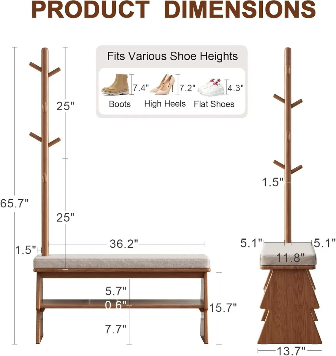 Solid Wood Coat Rack with Shoe Storage Bench - Image 2