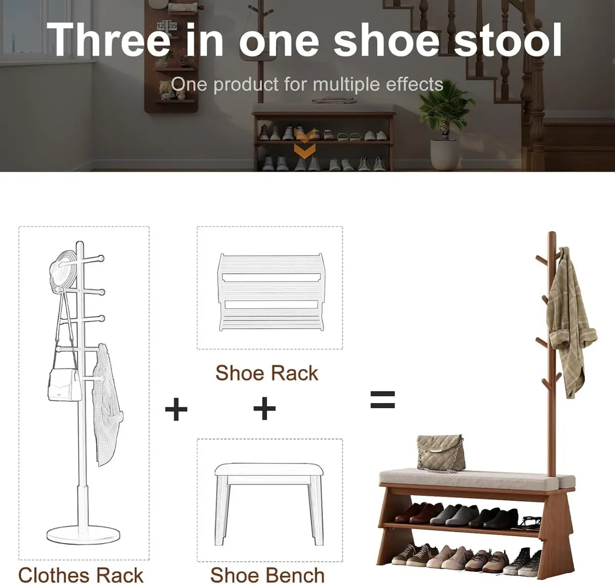 Solid Wood Coat Rack with Shoe Storage Bench - Image 4