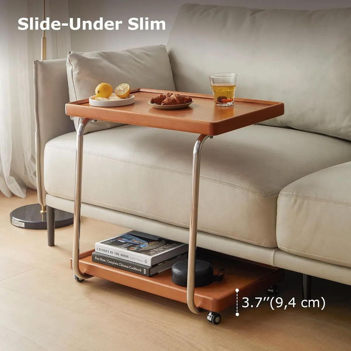 Solid Wood Side Table with Wheels C Shaped - Image 3