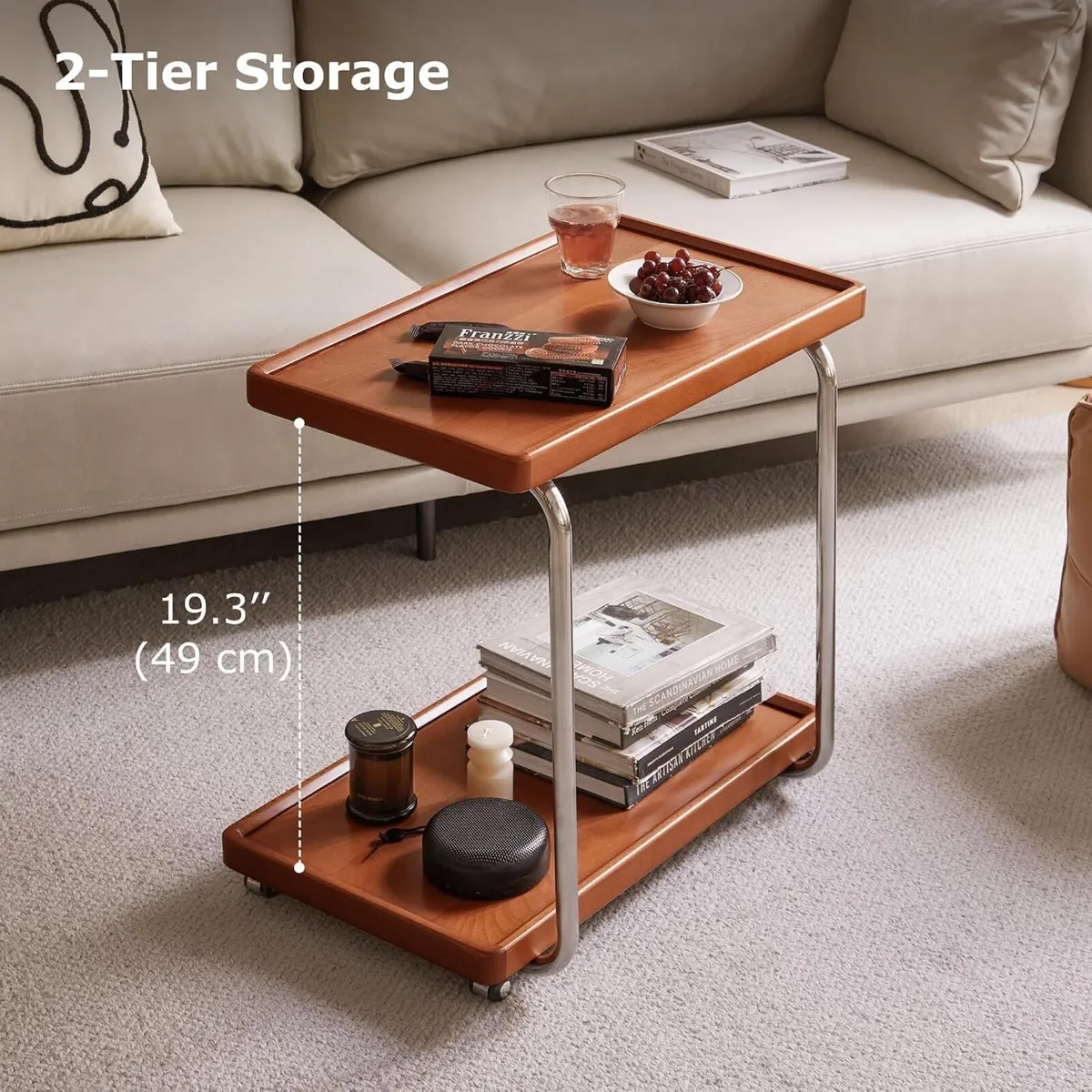 Solid Wood Side Table with Wheels C Shaped - Image 4