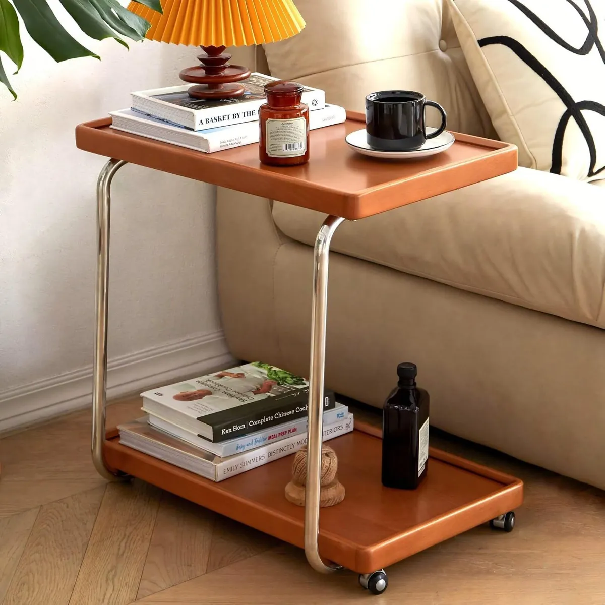 Solid Wood Side Table with Wheels C Shaped - Image 1