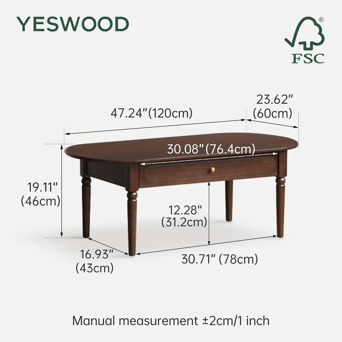 Solid Wood Coffee Table with Drawer Retro Vintage - Image 2