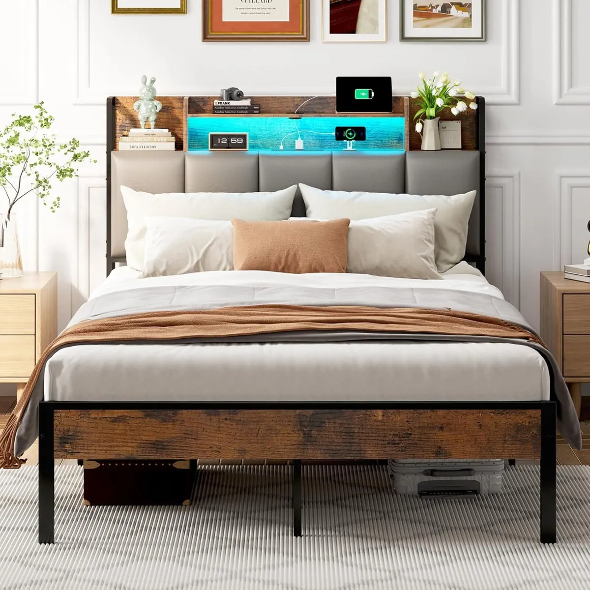 Bed Frame with Storage Upholstered Headboard - Image 1