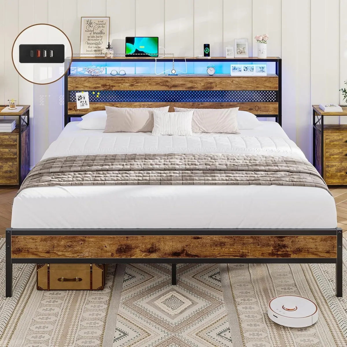 Bed Frame with Wooden Headboard Metal Platform LED - Image 1