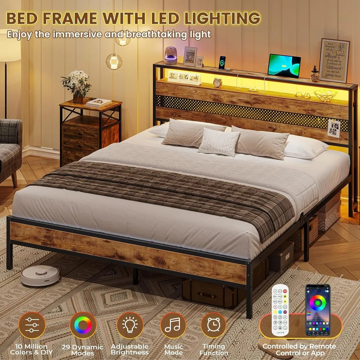 Bed Frame with Wooden Headboard Metal Platform LED - Image 3
