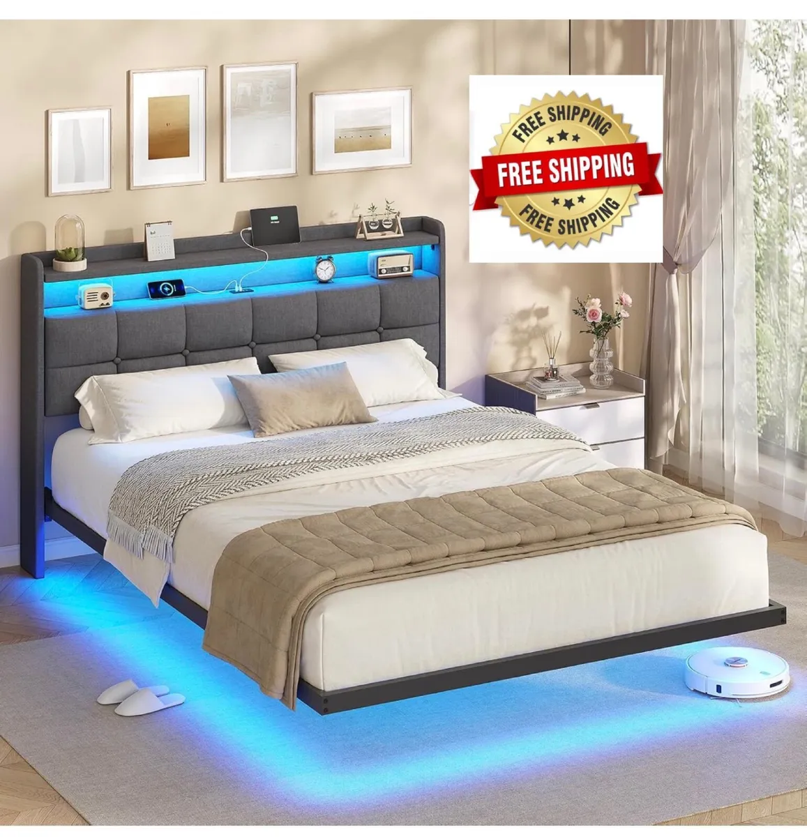 4ft6 Floating Double Bed Frame 135×190CM with LED - Image 1