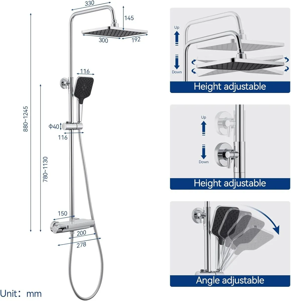 Thermostatic Shower Mixer Set Rainfall Head - Image 2