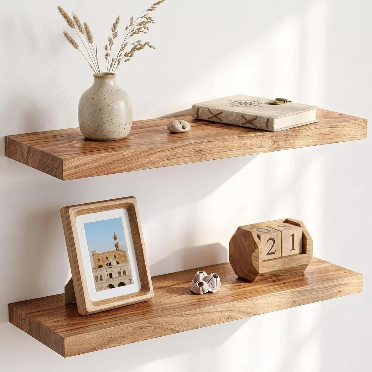 Solid Wood Floating Shelves Natural Elm Wall (Set - Image 1