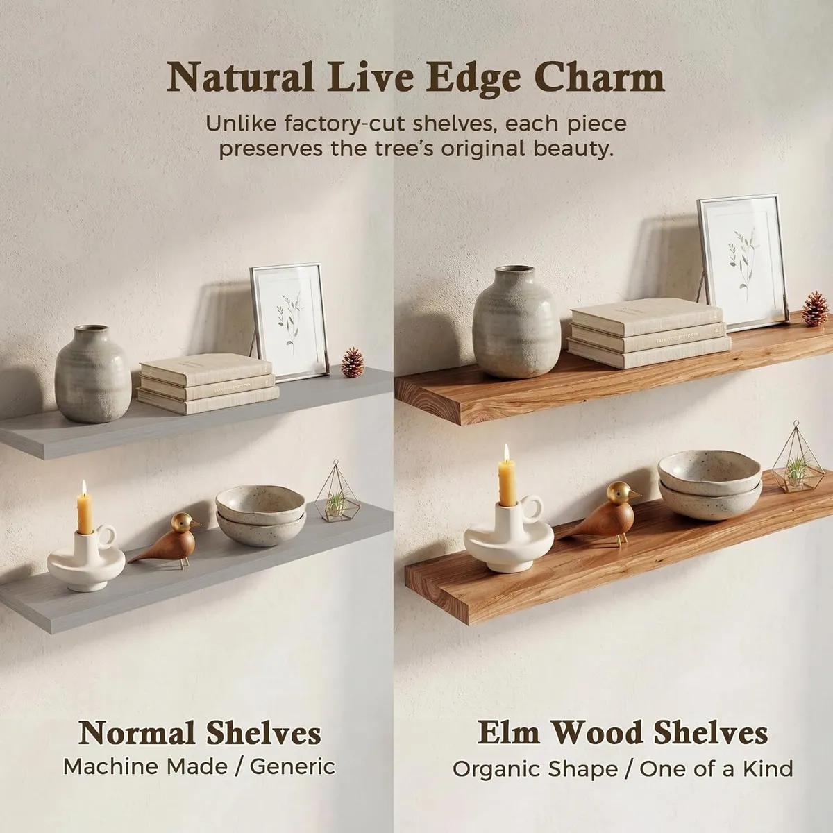 Solid Wood Floating Shelves Natural Elm Wall (Set - Image 4