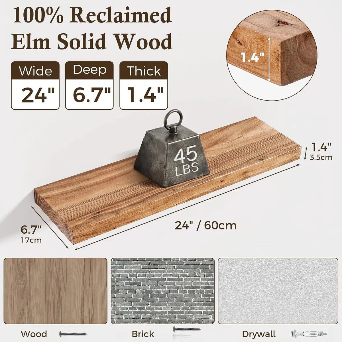 Solid Wood Floating Shelves Natural Elm Wall (Set - Image 2
