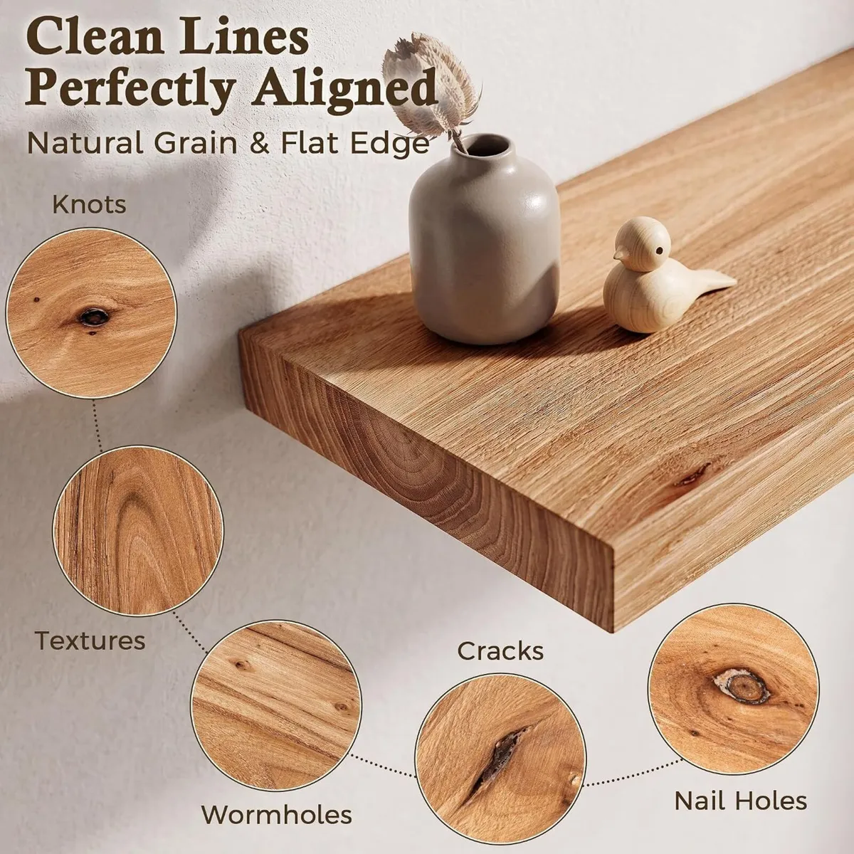 Solid Wood Floating Shelves Natural Elm Wall (Set - Image 3