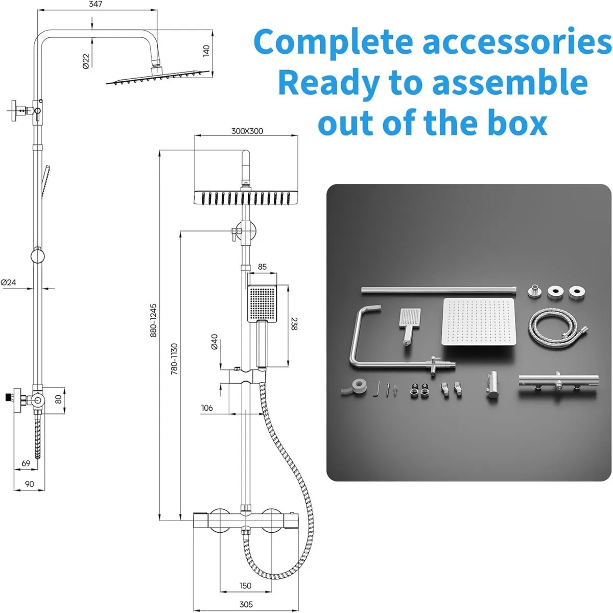 Square Rainfall Shower System Thermostatic Bar - Image 2
