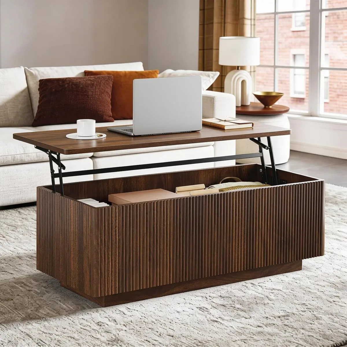 Walnut Lift Top Fluted Coffee Table with Hidden - Image 1