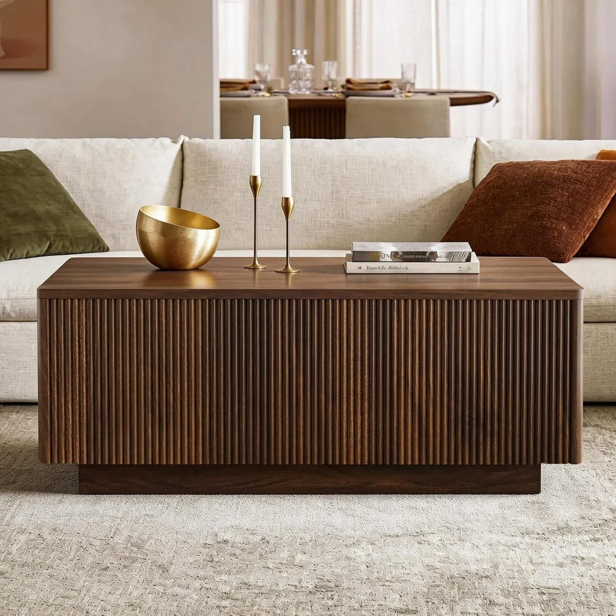 Walnut Lift Top Fluted Coffee Table with Hidden - Image 3