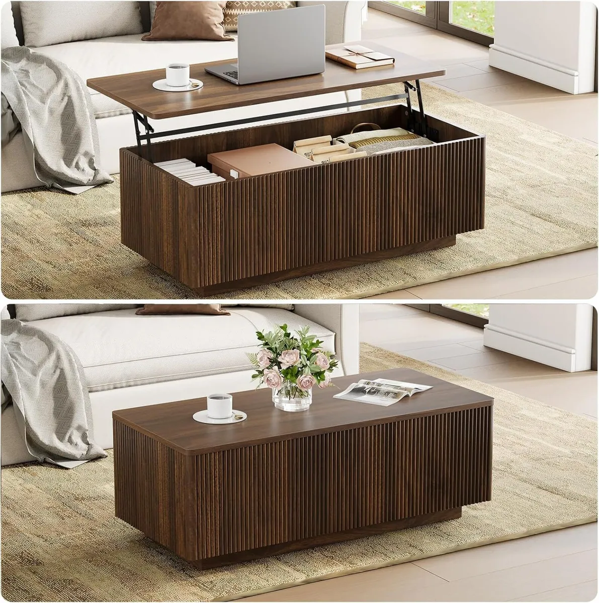 Walnut Lift Top Fluted Coffee Table with Hidden - Image 4