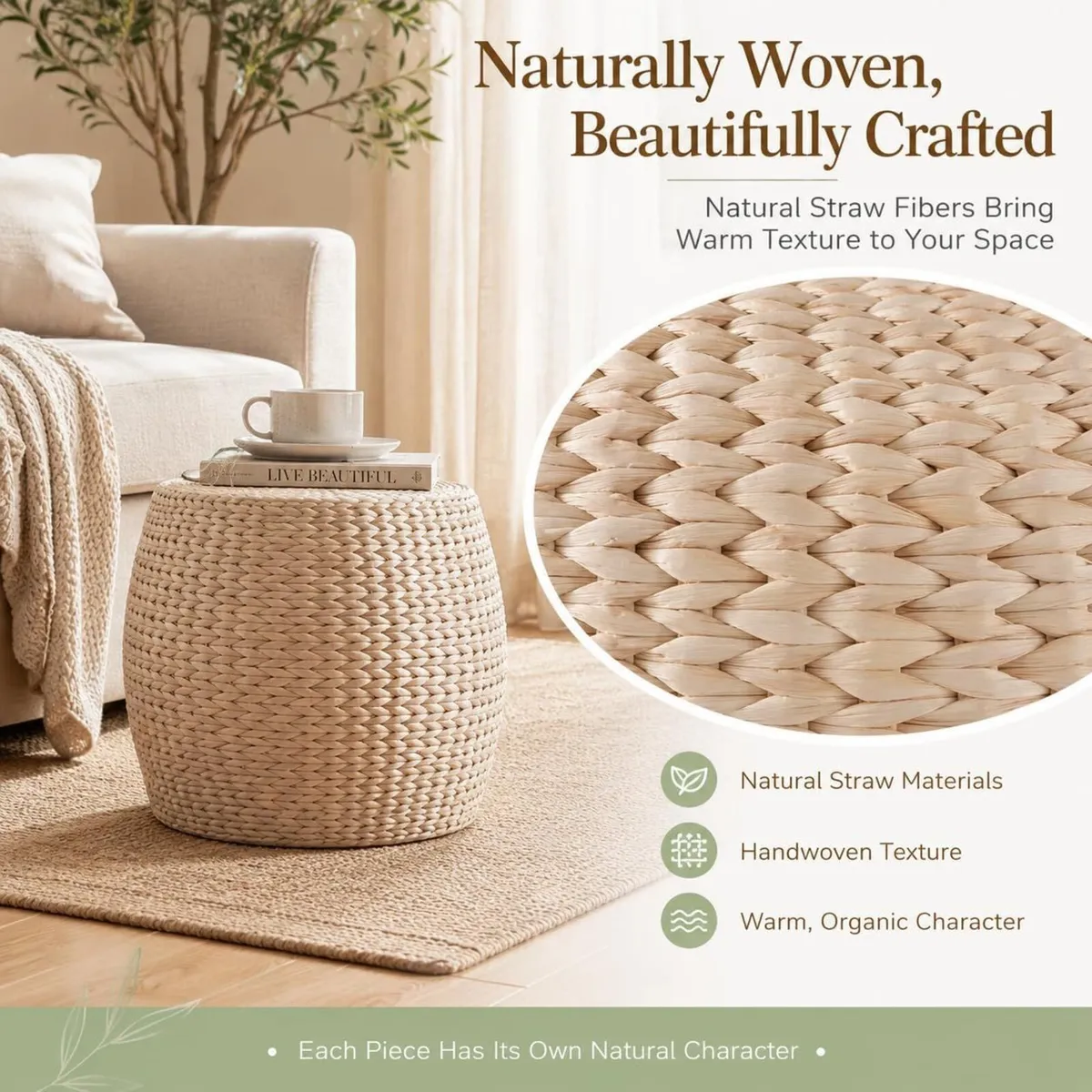 Round Natural Straw Pouf Ottoman Boho - Image 3