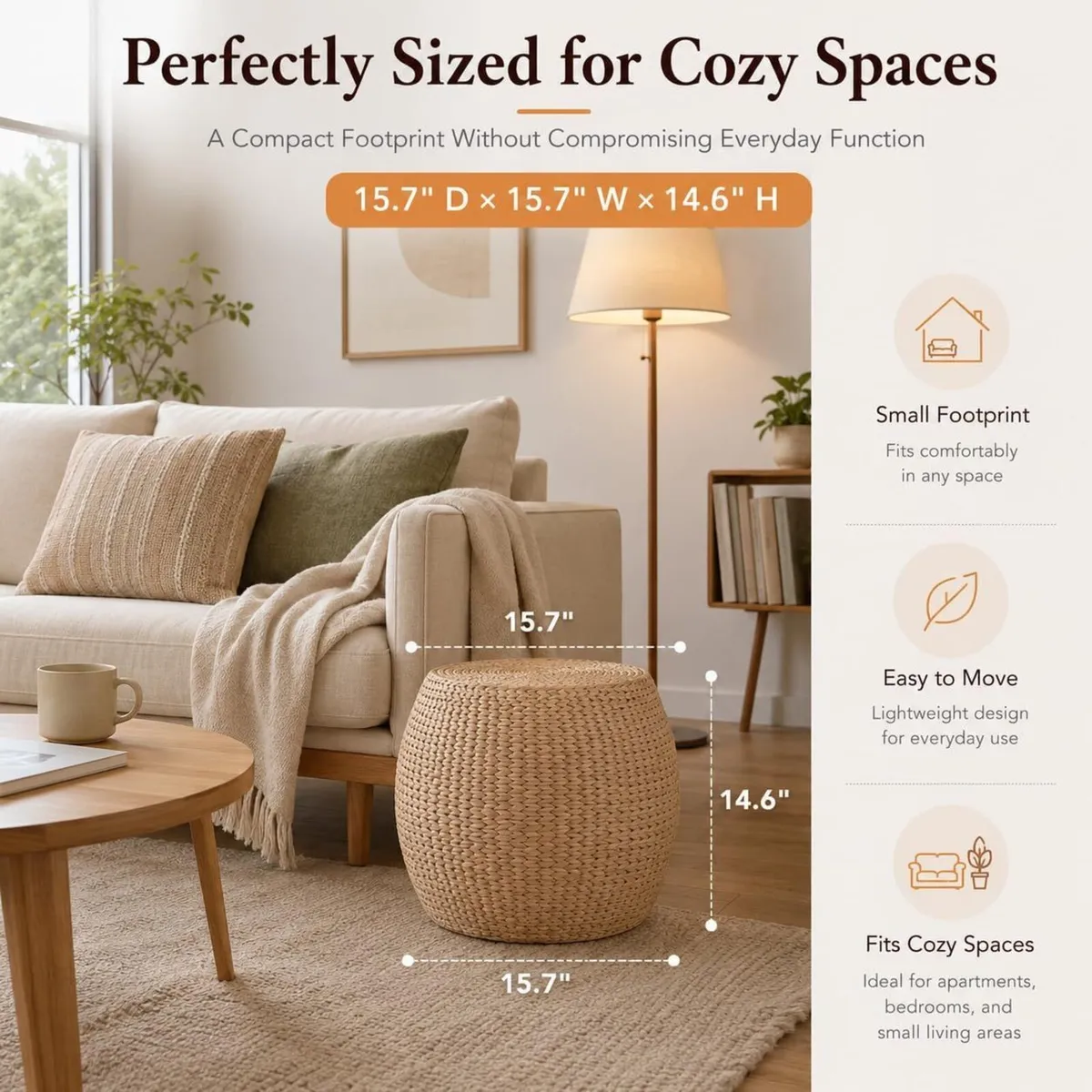 Round Natural Straw Pouf Ottoman Boho - Image 2