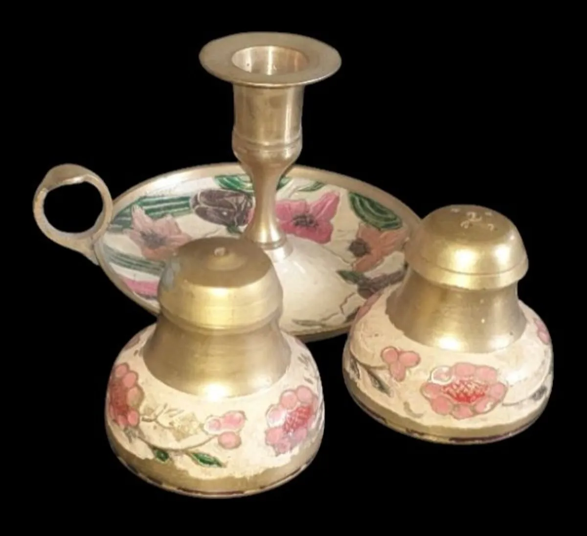 Vintage Brass&Enamel Cruet Set with Candle Holder - Image 1
