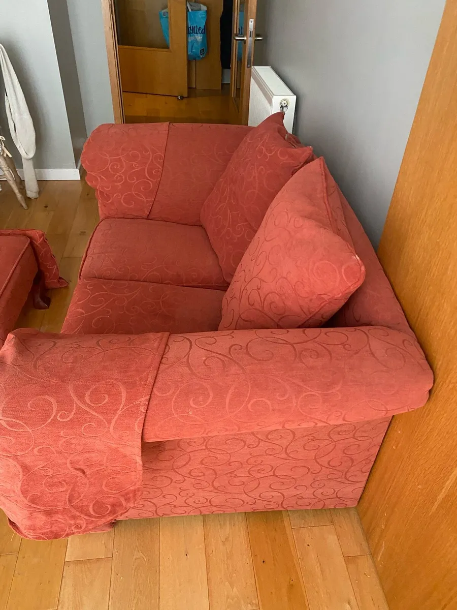 2 seater red couch with foot stool - Image 2