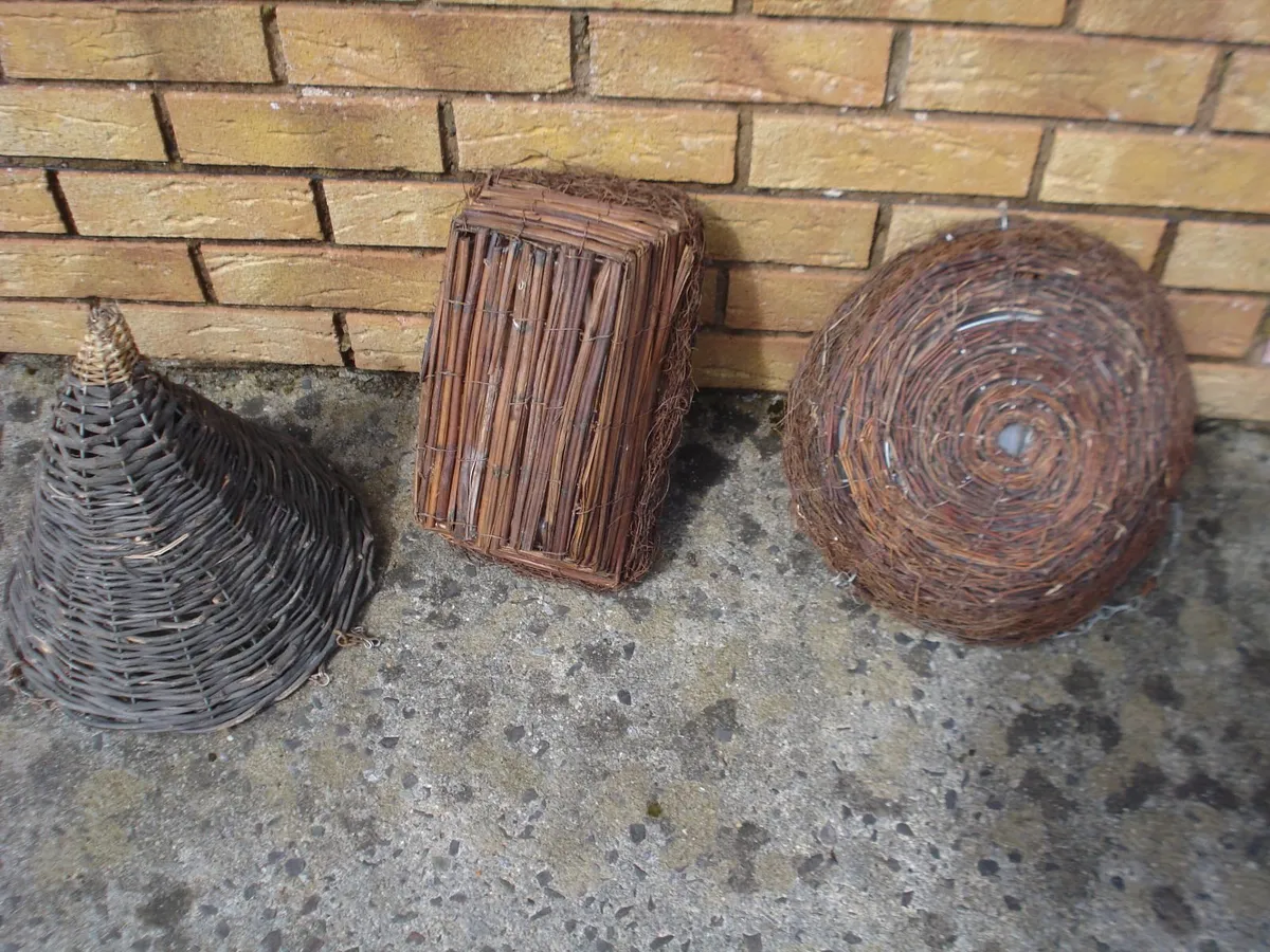 3 OLD WICKER HANGING BASKETS.
