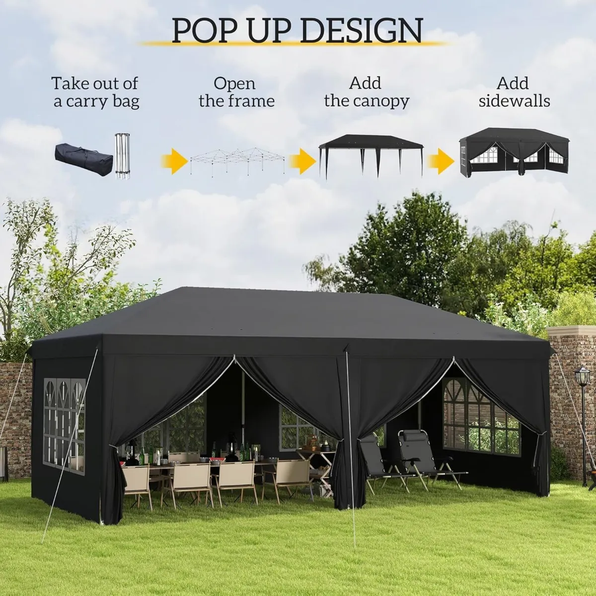 3x6m Pop-Up Gazebo with Adjustable Height – Black - Image 3