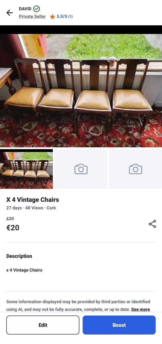 X 4 Vintage Chairs Irish Made - Image 3