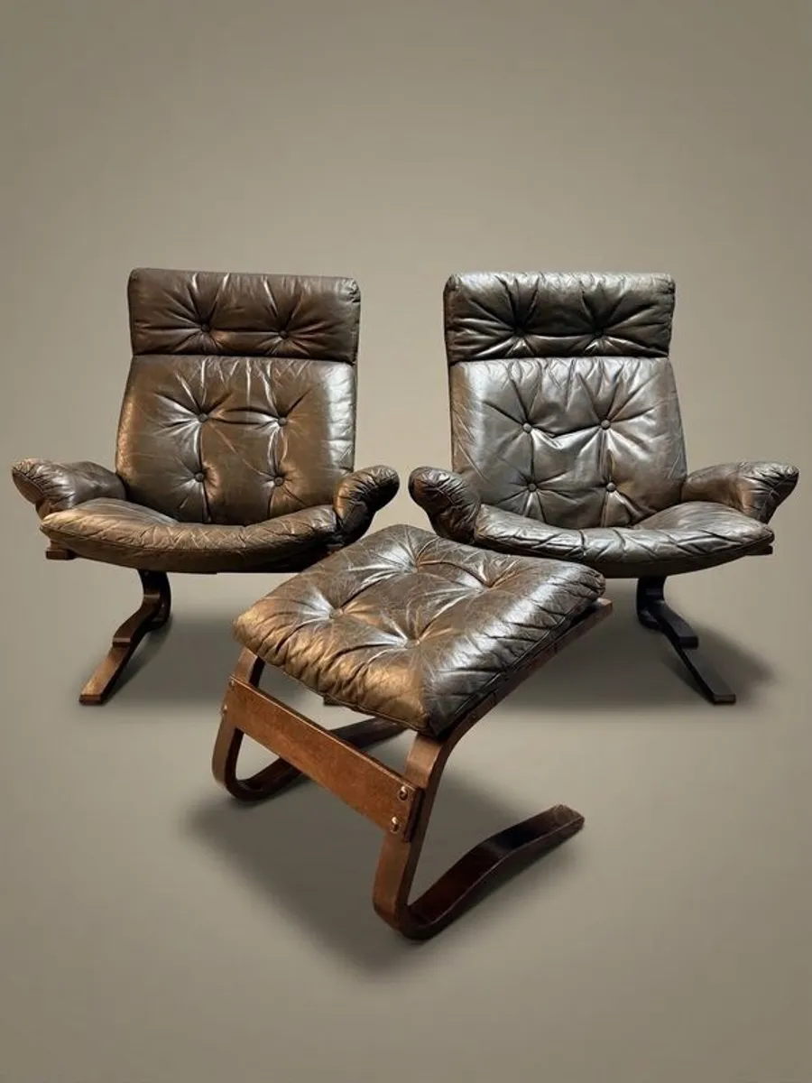 1970s Norwegian Rykken & Co Attributed Leather Lounge Chair Set - Image 1