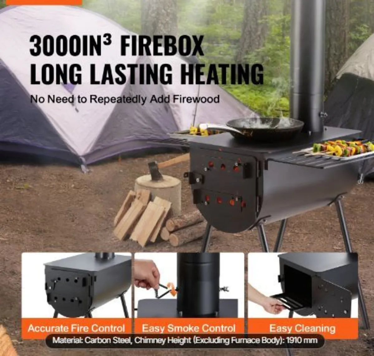 Wood Stove, 3 m, Alloy Steel Camping Tent Stove - Image 2