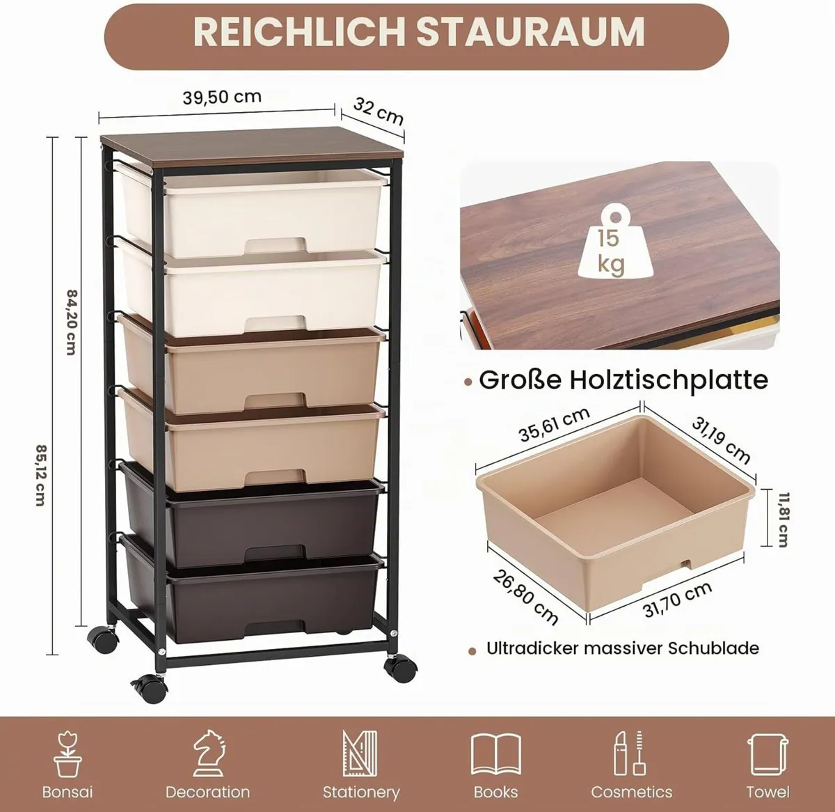 6-Drawer Rolling Storage Cart with Tabletop - Image 3