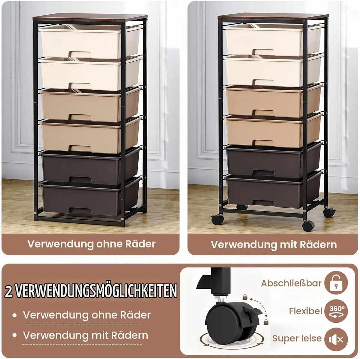 6-Drawer Rolling Storage Cart with Tabletop - Image 4