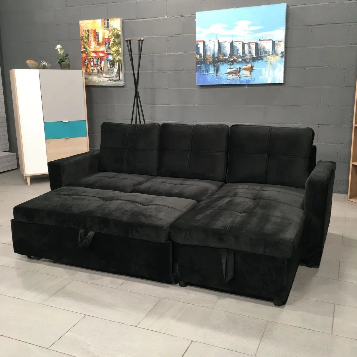 Black velvet Corner Sofa Bed Storage, 215cm - Image 1