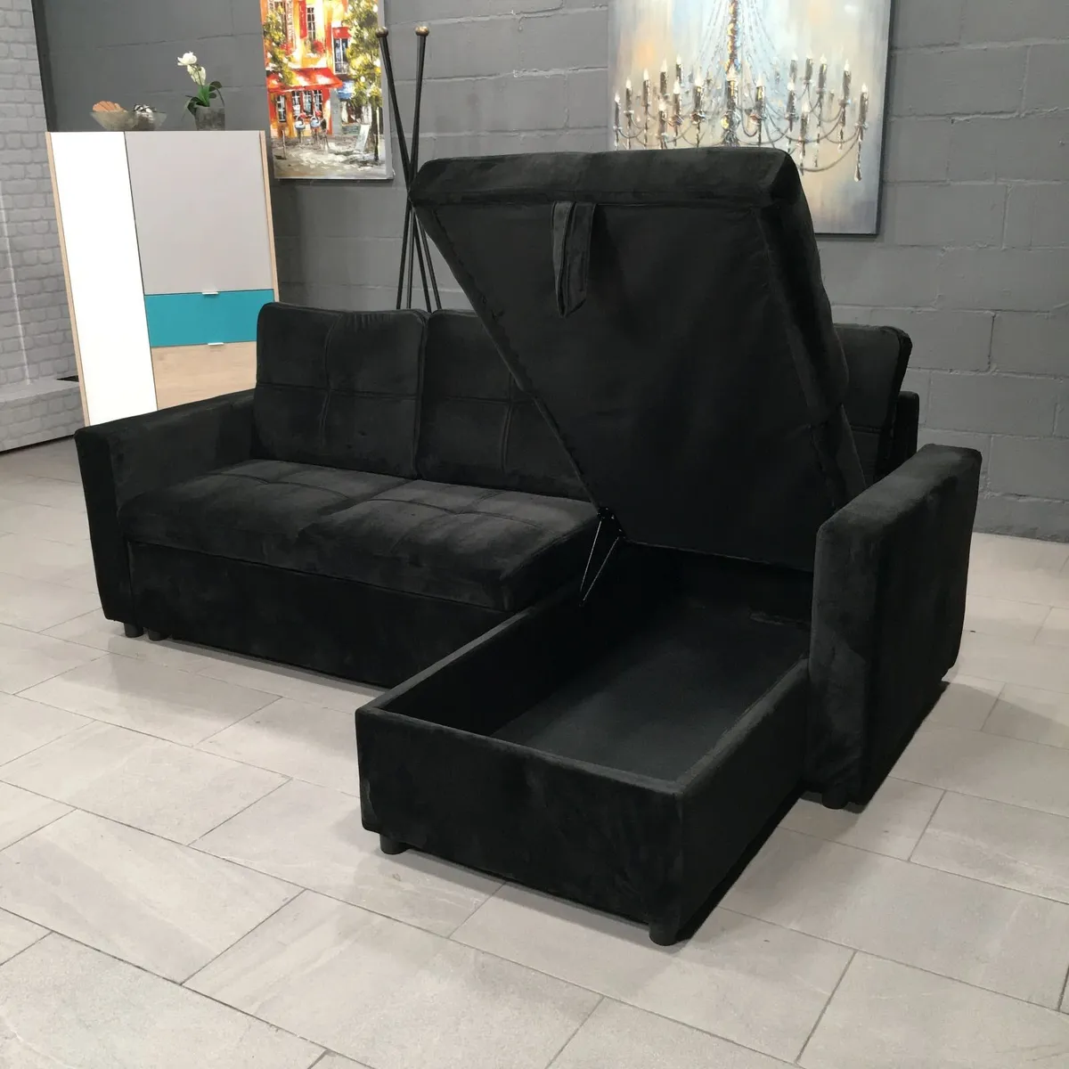 Black velvet Corner Sofa Bed Storage, 215cm - Image 3